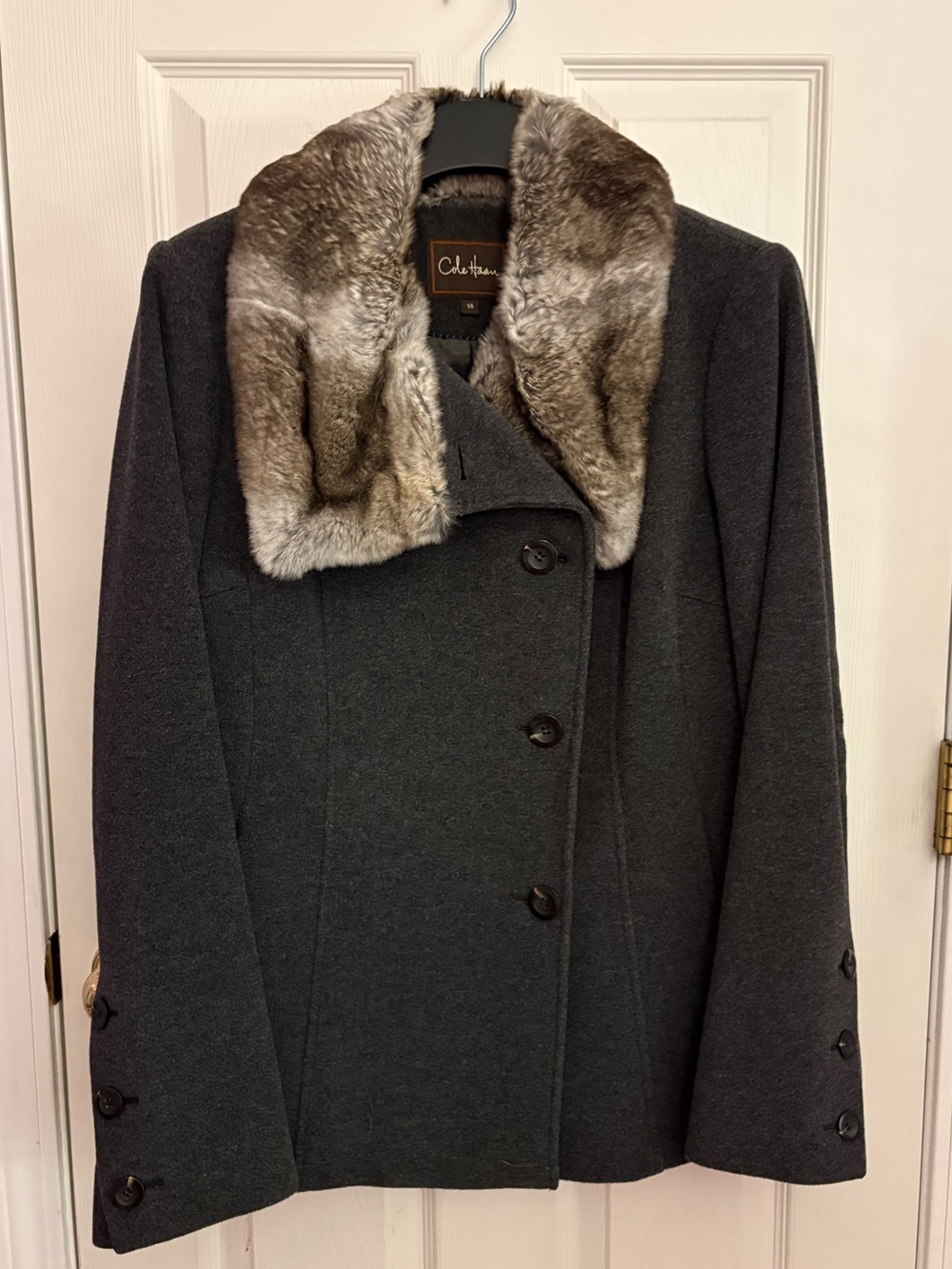 Cole Haan Women's Charcoal Wool Coat with Rabbi Fur Collar